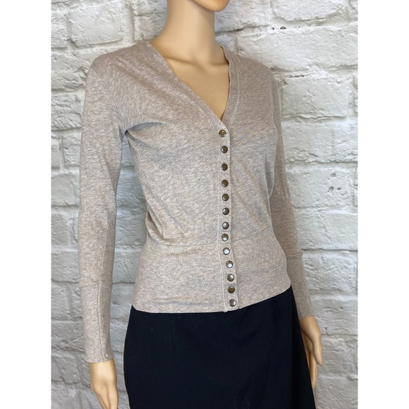 COL STORY Sweater Beige Brown Front Snaps SMALL Acrylic Cotton Fitted Stretchy - Picture 3 of 9